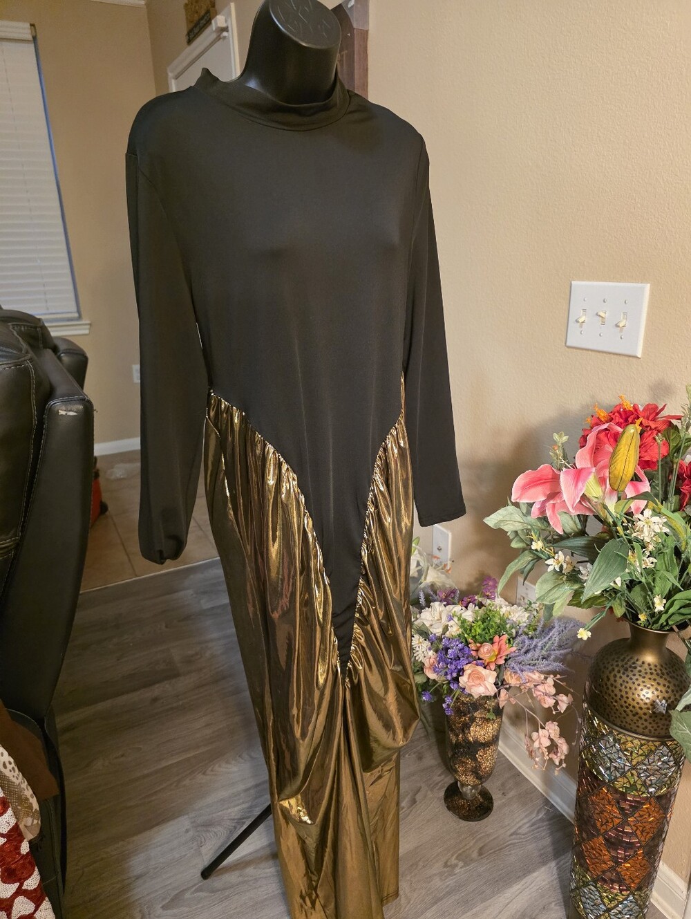 Black and Metallic Gold Maxi Dress with Long Sleeves